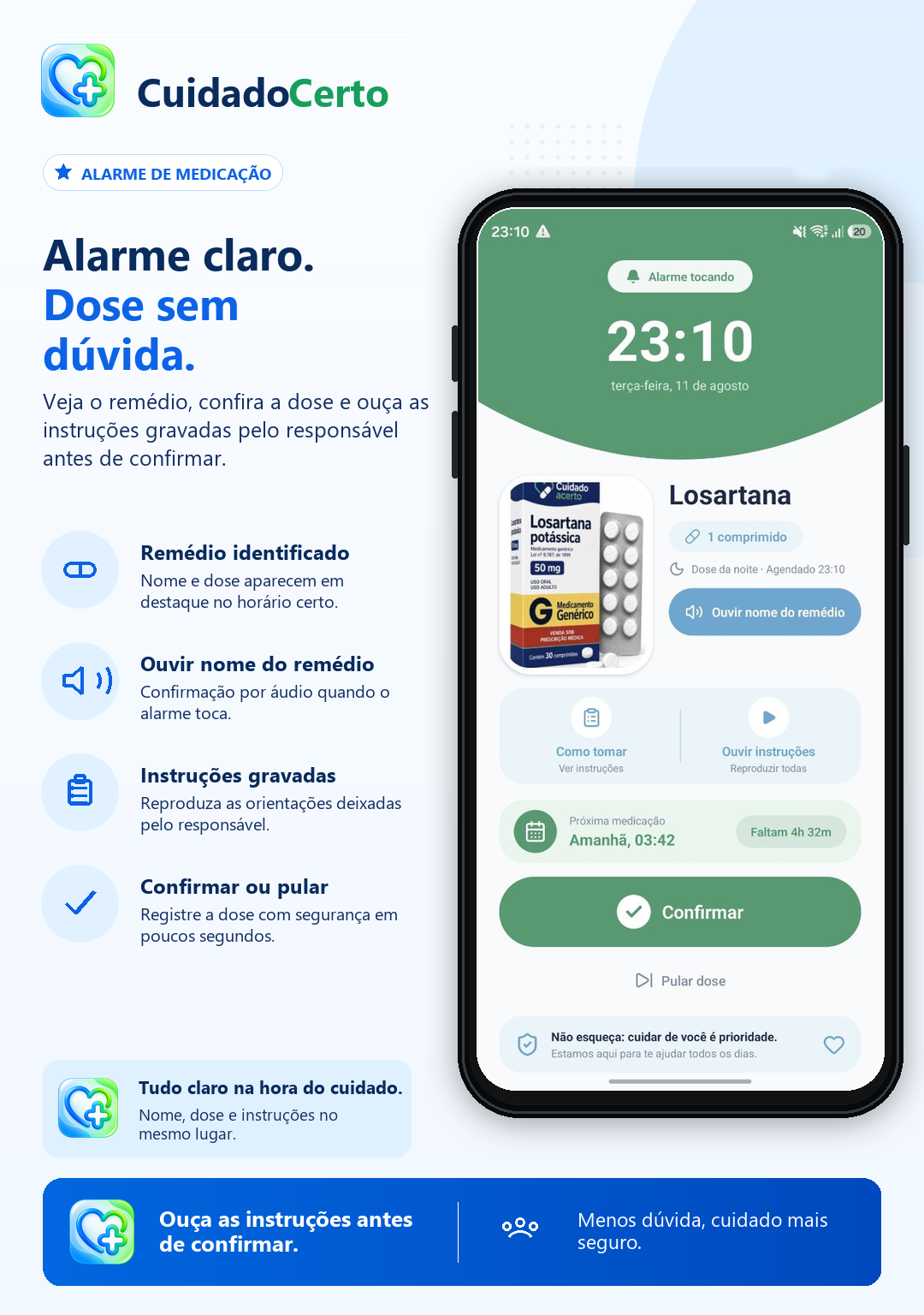 Tela de alarme de medicação com remédio, dose e botão de confirmar.