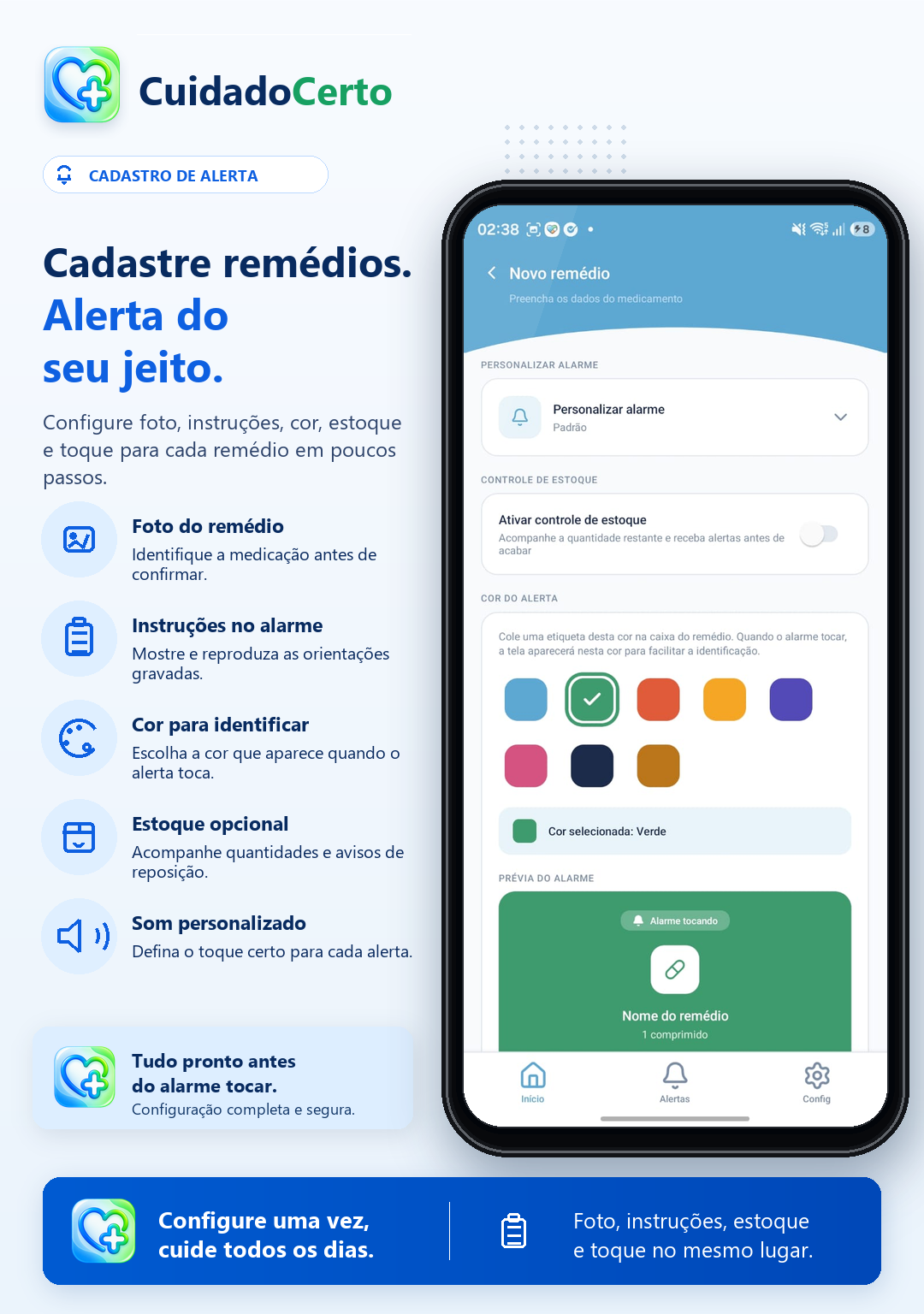 Tela de cadastro de remédio com personalização de alerta.