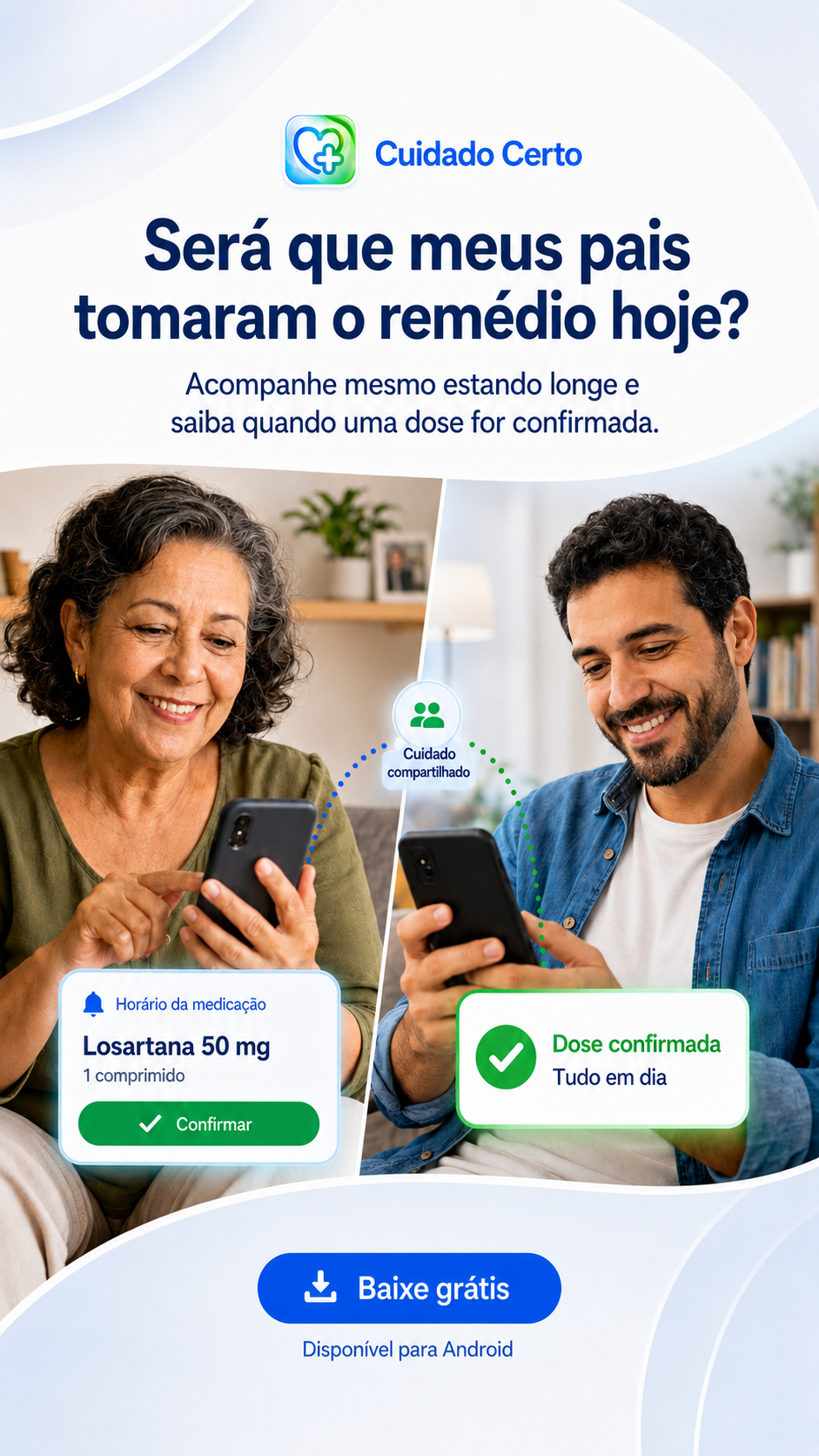 Peça promocional do CuidadoCerto mostrando cuidado compartilhado entre familiares.