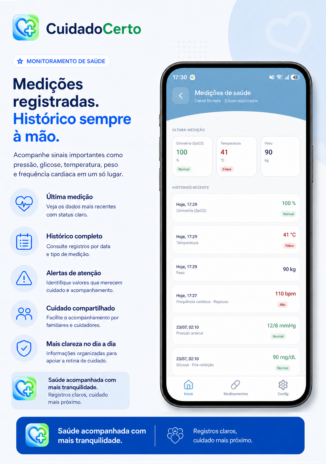 Tela de medições de saúde com histórico de sinais vitais.